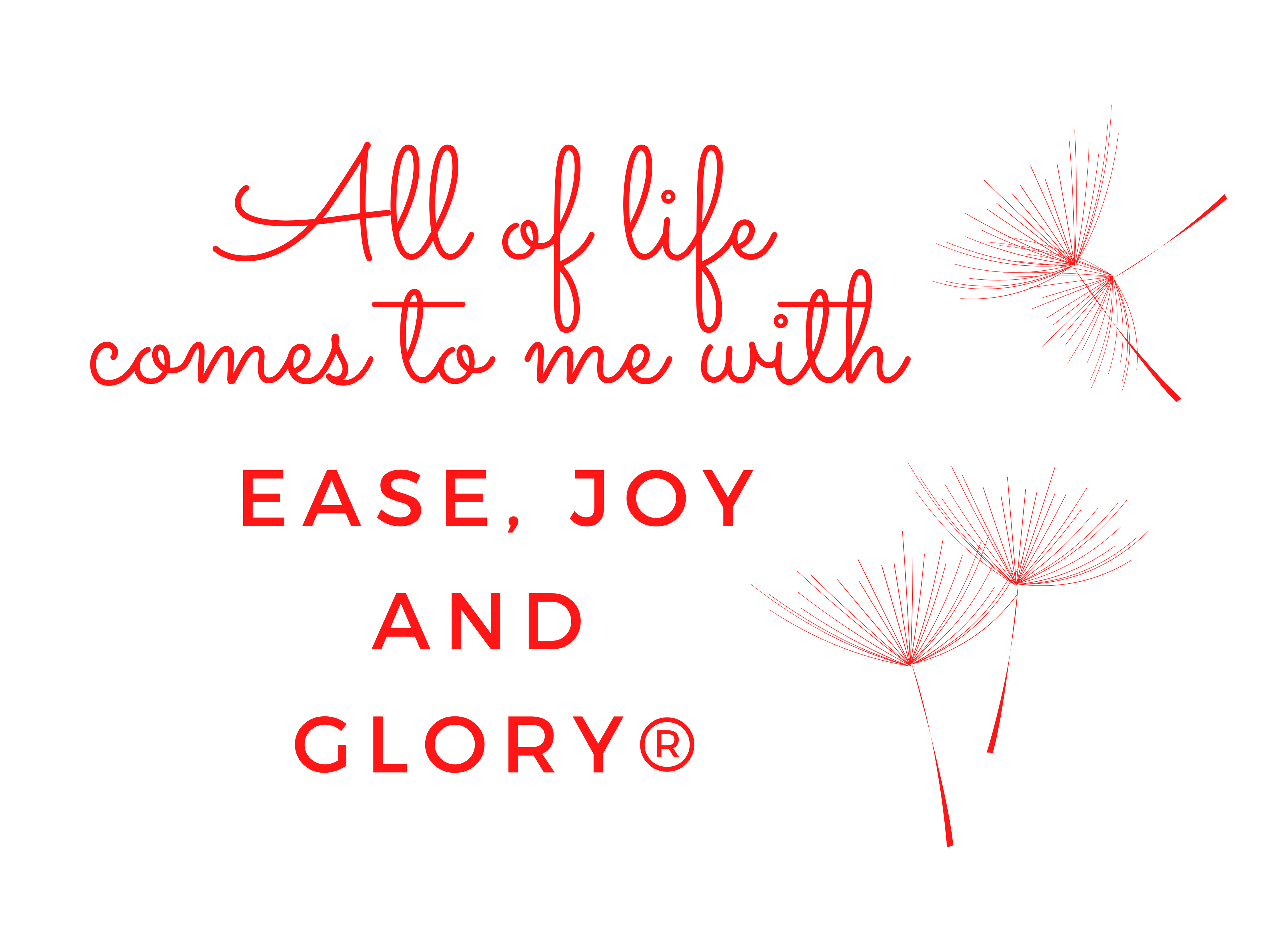 Original rødhvid Access-grafik med mælkebøtter og ordene: All of life comes to me with EASE, JOY AND GLORY®