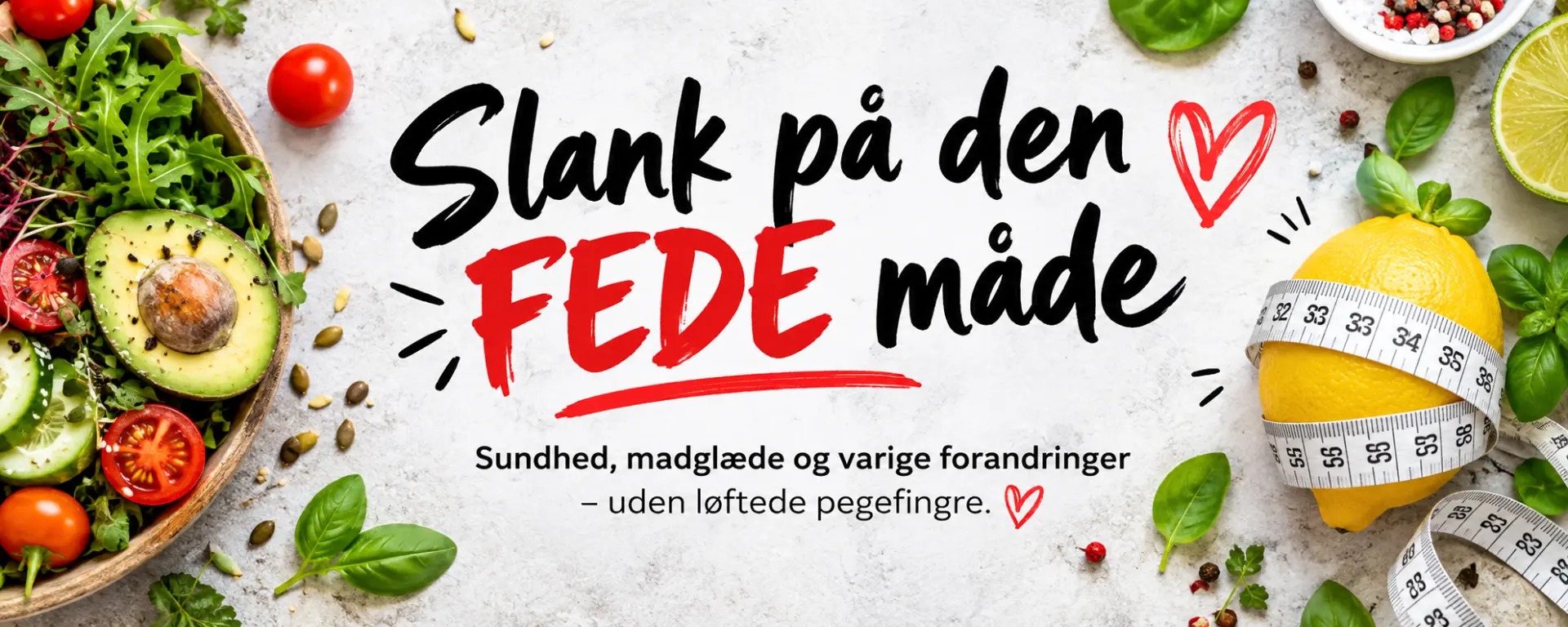 Slank på den FEDE måde – Sundhed, madglæde og varige forandringer – uden løftede pegefingre. Salat, avocado og citron med målebånd.